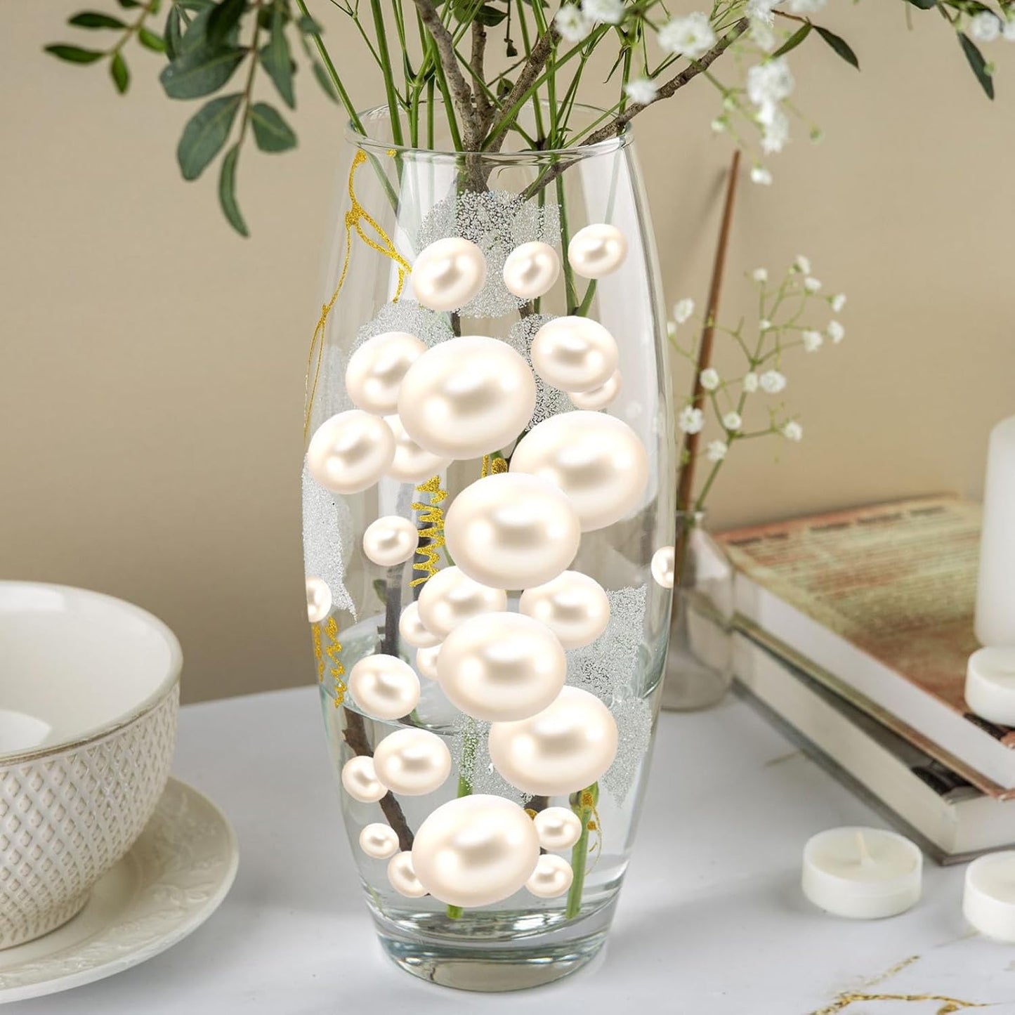 100PCS Milk White Faux Pearls Beads for Centerpiece Vases, Vase Filler Faux Pearls, No Holes Filler Beads for Party Anniversary Birthday Wedding Table Decor, 14/20/30mm