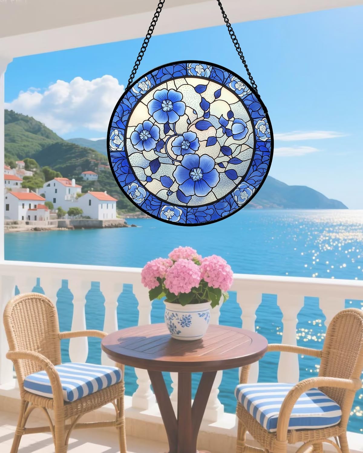 Stained Glass Window Hanging, Blue and White Plum Blossom Sun Catcher for Door Home Decor Flowers Suncatcher Christmas Mother's Day Birthday Gifts for Women Men Mom and Nana 6.3 in
