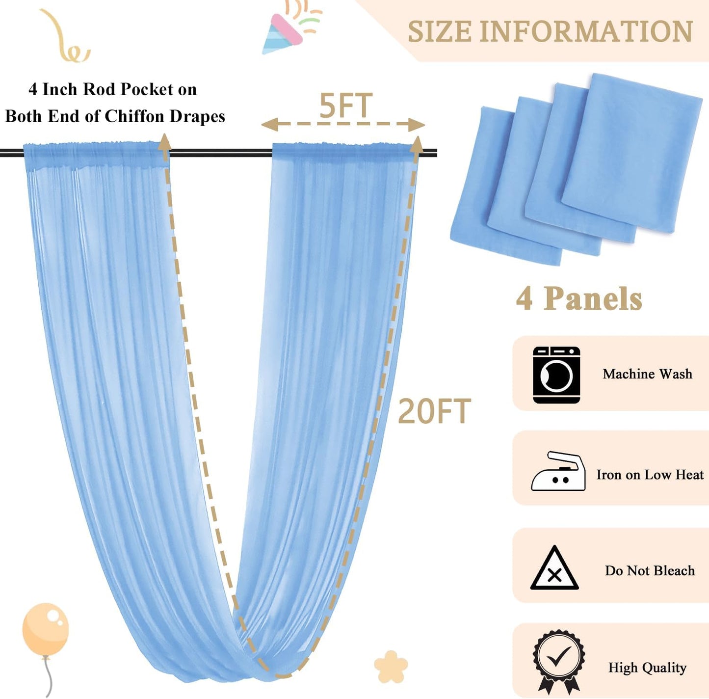 MODFUNS Light Blue Ceiling Drape 5x20ft 4 Panels Chiffon Ceiling Draping Fabric Sheer Wedding Arch Drapery Stage Canopy Ceiling Drapes Chiffon Curtain Drapes for Arbor Swag Tent Party Decoration