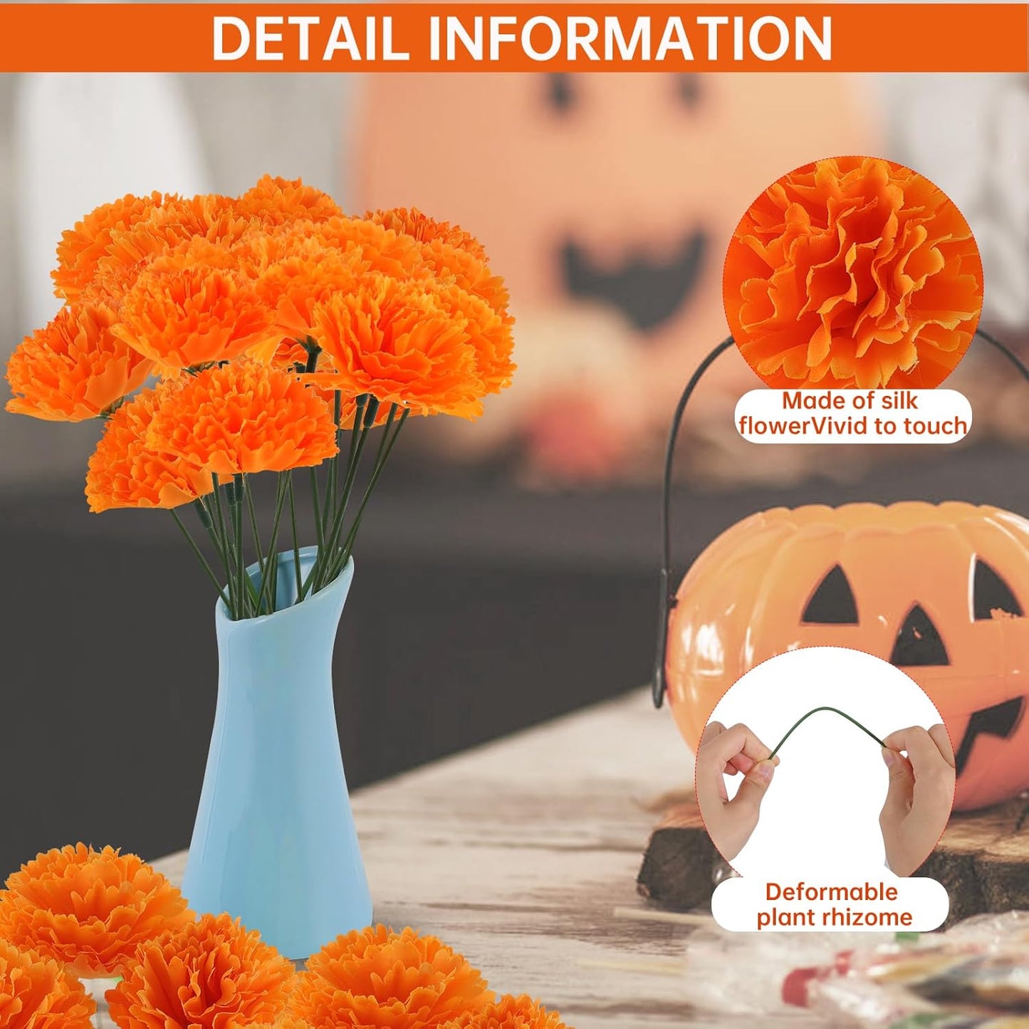 Hananona 100 Pcs Marigold Flower Heads Bulk, Silk Marigold Heads Artificial Flowers for Diwali Home Decor DIY Wreath Garland Day of The Dead Decoration (100, Orange)