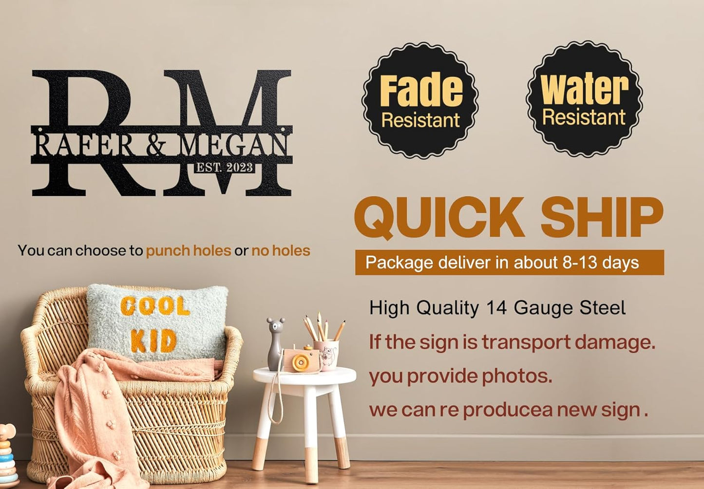 TNATUR Personalized Metal Sign - Custom Last Name Monogram - Split Letter - Family Door Hanger - Outdoor Wedding Gift - 12inch x 5.78inch Steel Sign