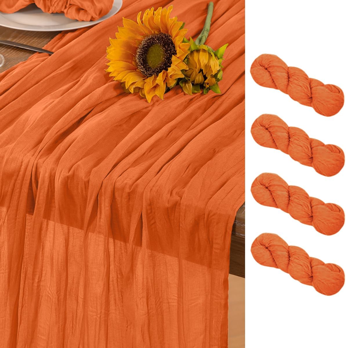 Orange Cheesecloth Table Runner 4 Pack Halloween Orange Table Runners Boho Gauze 120 Inches Cheese Cloth Fall Table Decorations for Thanksgiving Weddings Bridal Baby Shower Party Decor