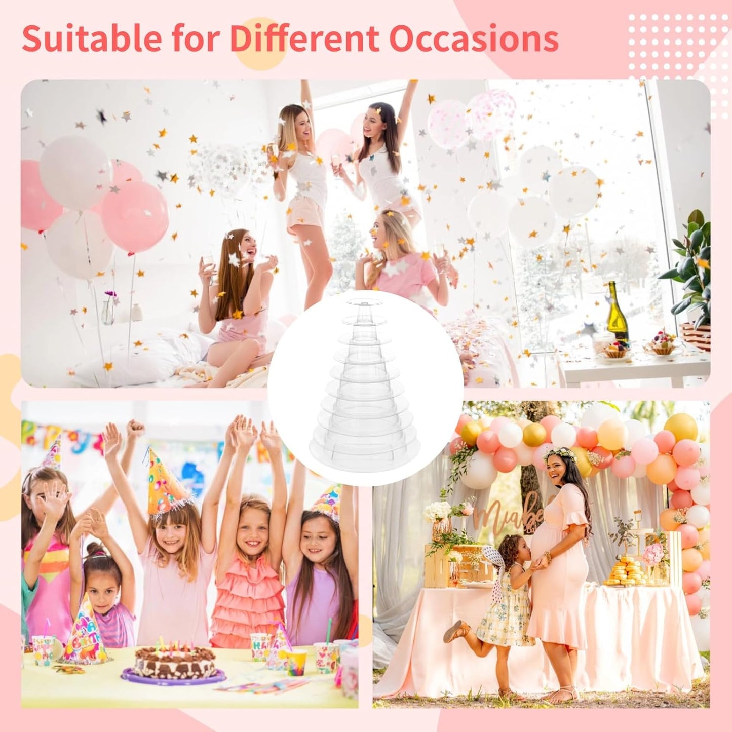 10-Tier Clear Macaron Display Stand, Plastic Macaron Tray Tower with Stainless Steel Serving Tongs, Clear Round Macaron Display Rack, Cupcake Dessert Stand for Weddings, Birthday Parties, Bakeries