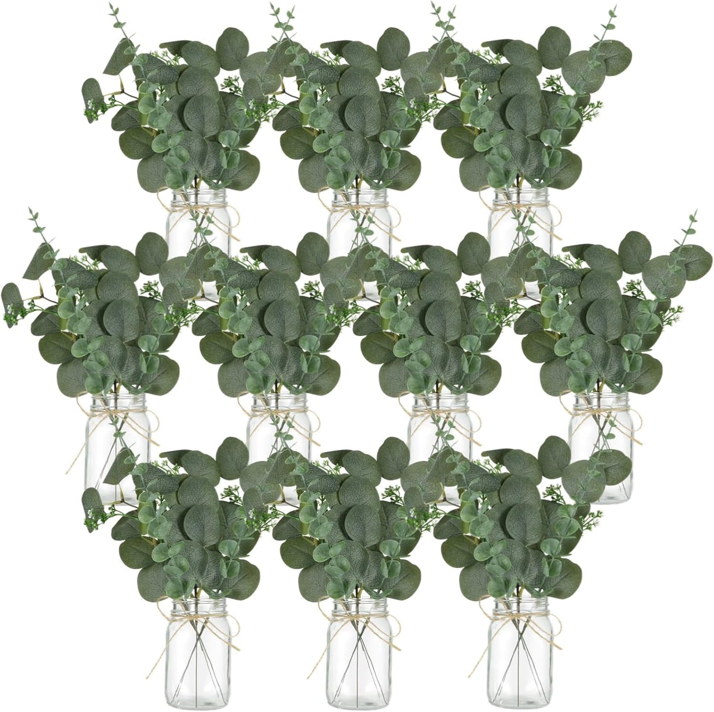 10 Set Mason Jar Centerpieces for Tables Centerpiece with Eucalyptus Breath, Clear Glass Mason Jar Vases with Rope, Wedding Table Centerpieces Bridal Shower Engagement Reception Rustic Farmhouse Decor