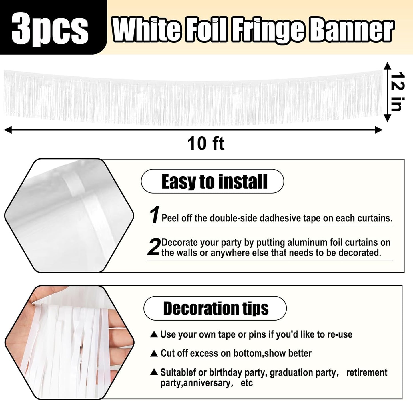 3 Pack 10 Feet White Foil Fringe Garland Metallic Tinsel Streamers Banner Wall Hanging Curtain Backdrop for Parade Floats, Christmas Day, Valentine's Day, Thanksgiving, Birthday Party Decorations