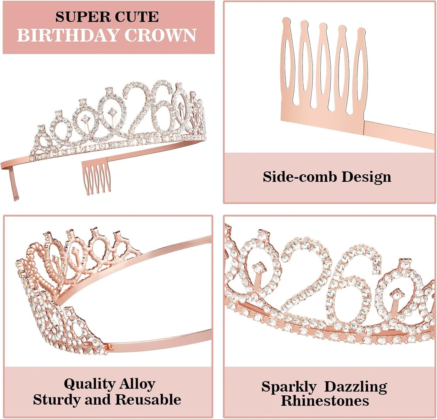 26th Birthday Sash and Tiara for Women Including Rhinestone Crown, Fabulous Sash, Candles and Cake Topper, 26 Year Old Decorations Gifts for Women, Rose Gold Party Decor Supplies