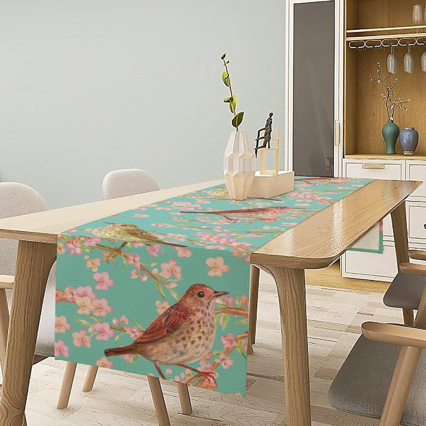 Table Runner with Flowers and Birds, Spring Plant Flowers Table Decoration Linen Table Runner Family Party Party Decorations 13x108 Inches