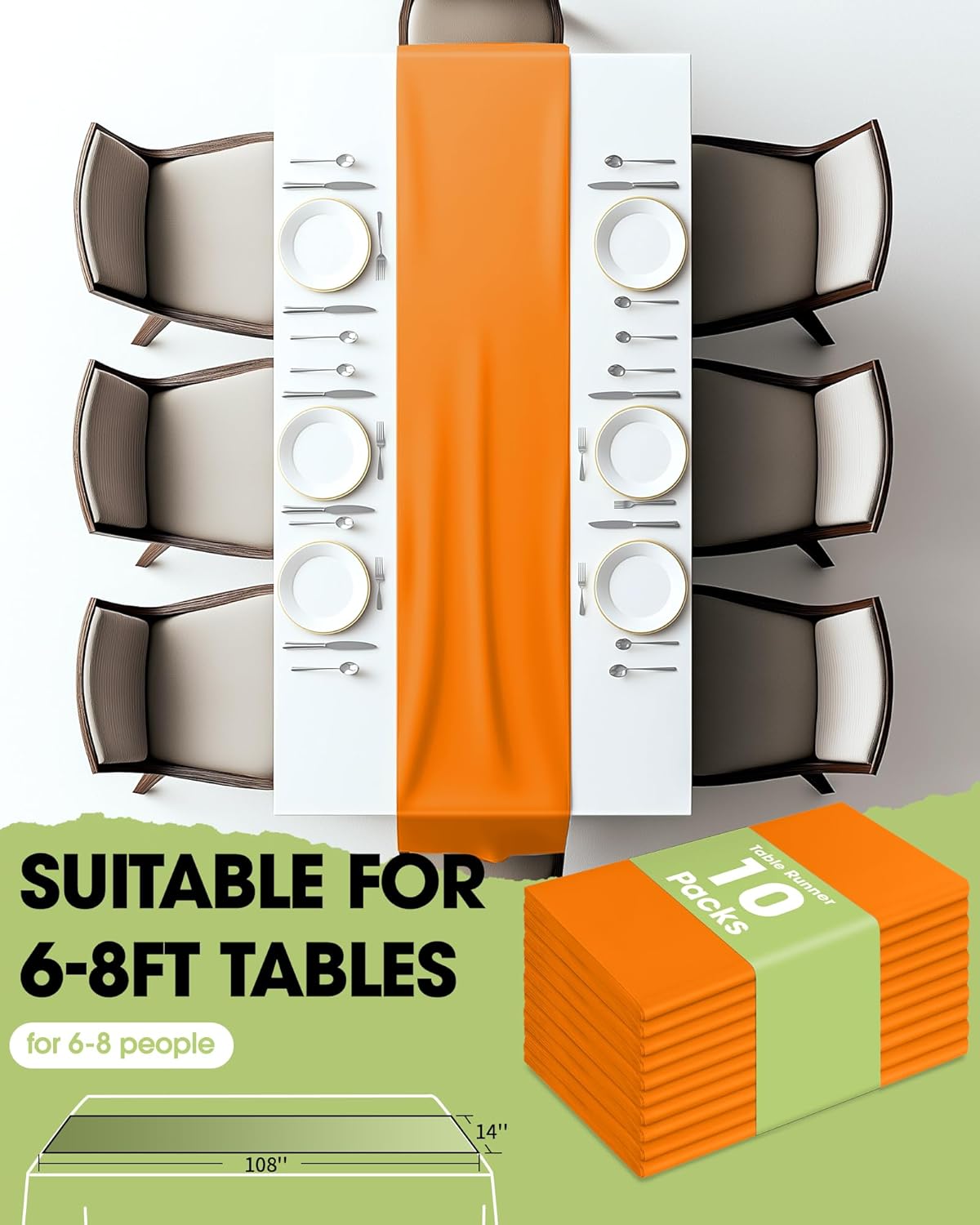 Pureegg Orange Plastic Table Runners - 10 Pack, 14'' x 108'', Water Resistant & Disposable Centerpiece Decorations for Table Cloth, Wedding, Birthday, Thanksgiving, Harvest, Party, Home Decor