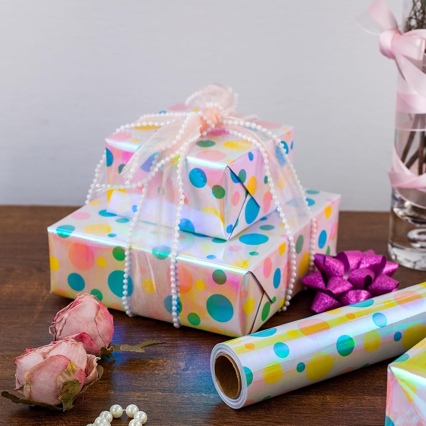 Burymento Holographic Pink Dot Gift Wrapping Paper for Birthday, Valentines, Mothers day, Graduation, Wedding, Fathers day, Baby Shower, Christmas (17in x 32.8ft)