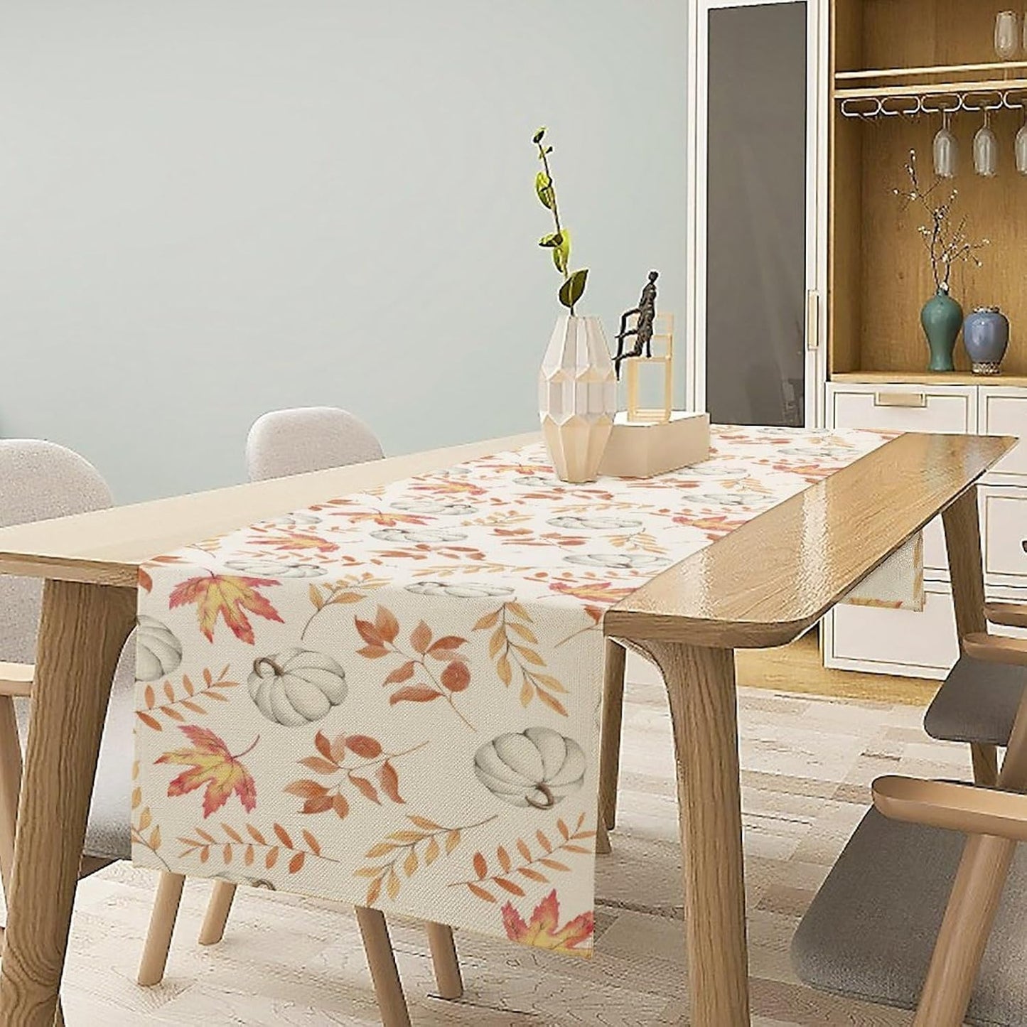 Pumpkin Leaves Table Runner,Seasonal Autumn Thanksgiving Kitchen Dining Table Decoration for Home Party Decor 13x70 Inch
