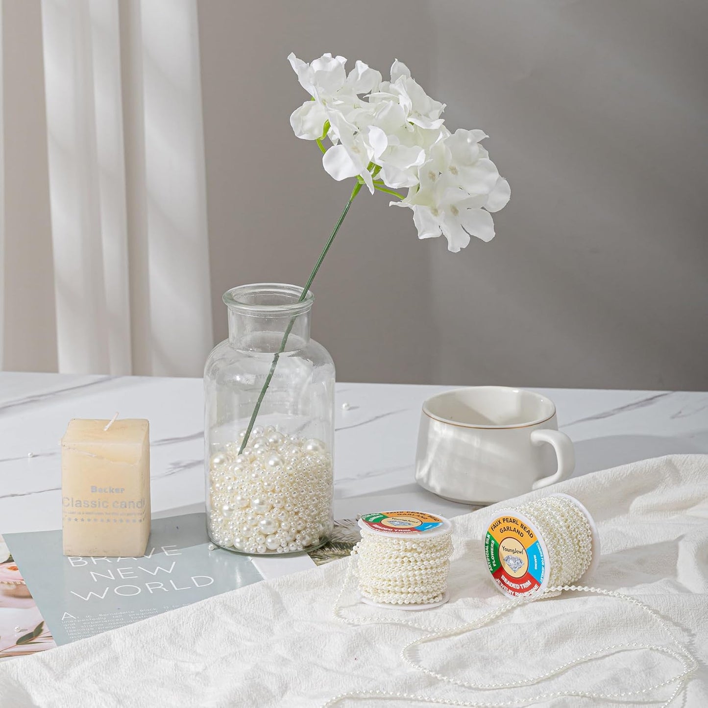 3mm Millet Beads Crafts Faux Pearl Beads Garland Pearl Bead Roll Strand of Pearls to Decorate Floral Centerpieces Wedding Party Favor Christmas Tree(33 Feet White)