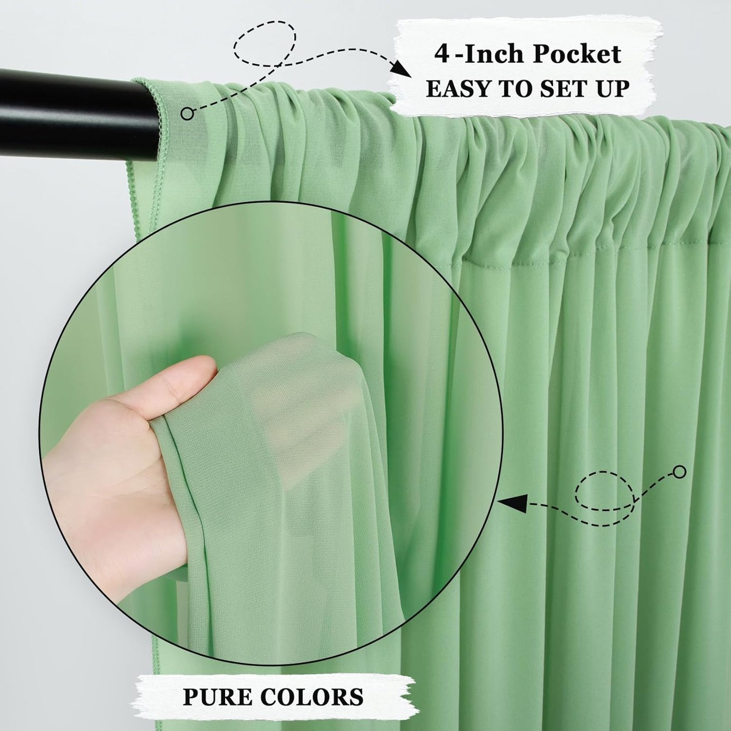 DUOBAO Chiffon Backdrop Curtains 2 Panels Photography Backdrops Drape 5ft x 8ft Voile Curtain Sage Green Collapsible Seamless Sheer Drapes for Women Party Baby Shower Birthday Photo Shoot Decorations
