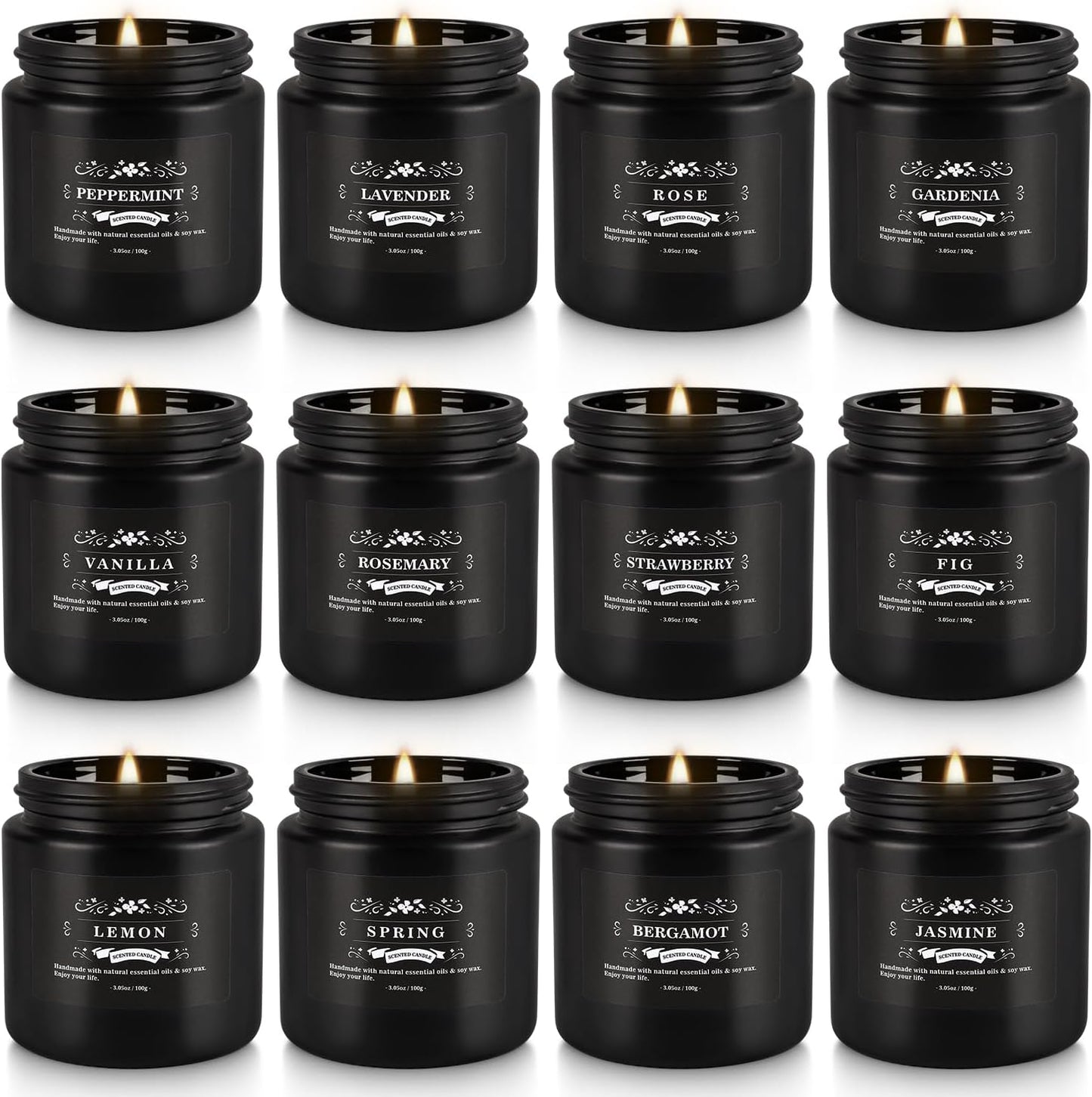 Scented Candle Set 12 Pack,Black, Candle for Home Scented, Odor Eliminating, Stress Relief, Long Lasting Soy Wax Gift Set