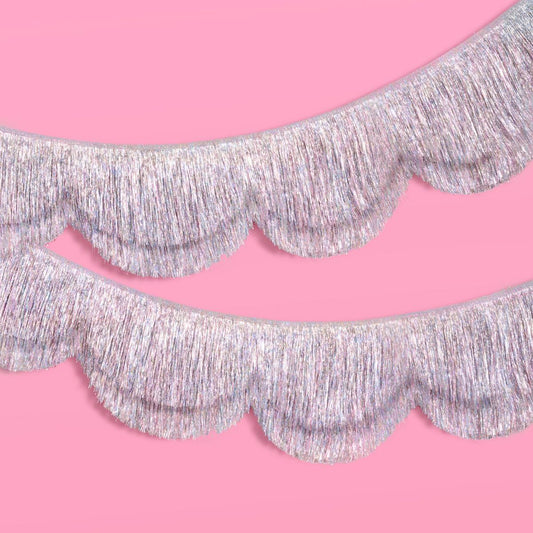 xo, Fetti Silver Iridescent Scalloped Fringe Banner - 6 Ft. | Bachelorette Party Decorations, Birthday Sign, Sparkly Decor, Photo Booth Backdrop
