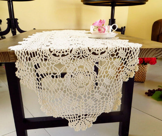 Cotton Handmade Crochet lace Table Runners Oval Tablecloth Doilies Doily Table Dresser Scarf Décor,15x27 inch,White