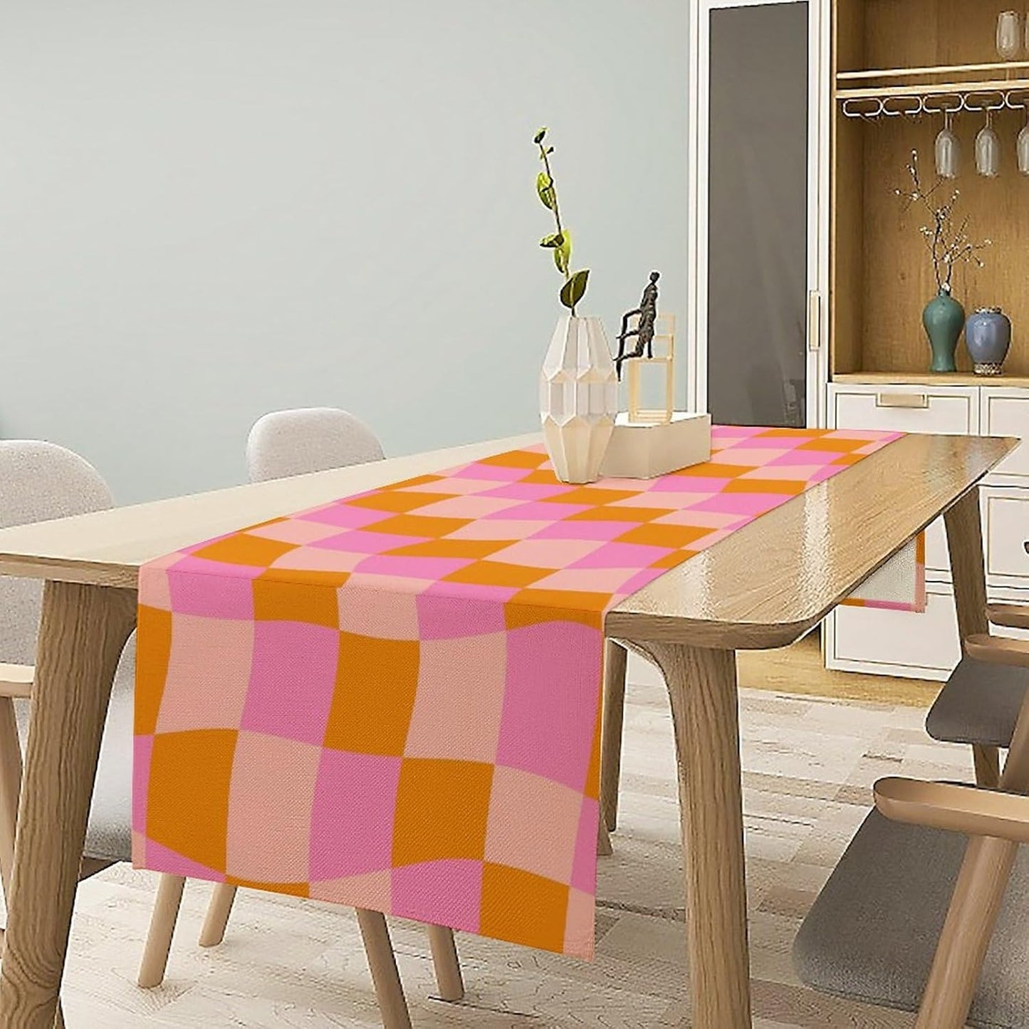 Checkered Table Runner Orange Retro 60s70s Boho Style Kitchen Restaurant Decoration Suitable for Indoor and Outdoor Festival Home Wedding Party Table Runner 13x120 Inch