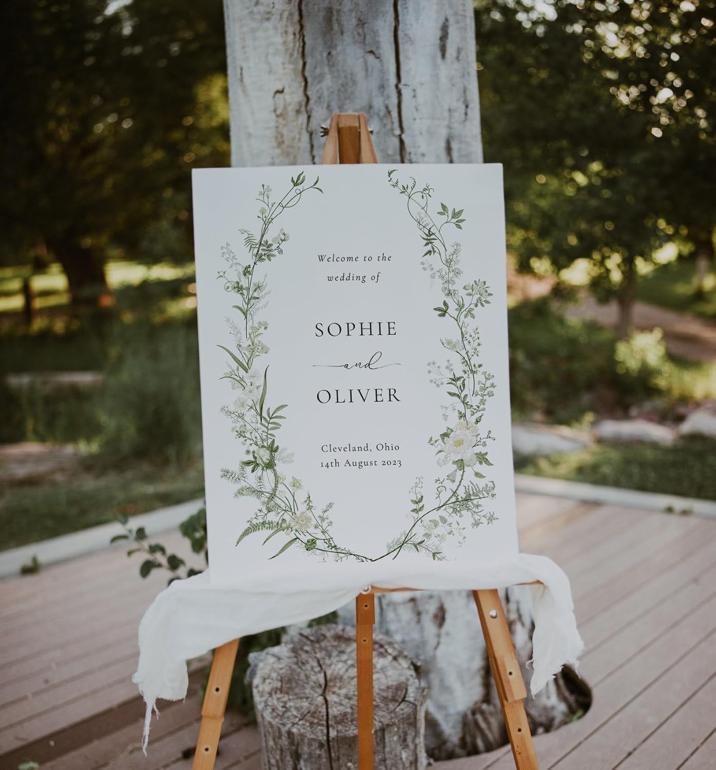 Welcome Wedding Sign Personalized, White And Green Floral Wedding Sign Decorations Signage 12" X 18" (Small), 27" (Medium), 36" (Large), Plastic, Modern, Pole Mount, Weather