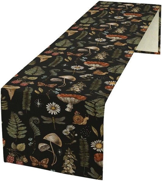 Mushroom Table Runner,Retro Forest Plant Table Runner for Kitchen Dining Table Home Party Decoration 13x120 Inch
