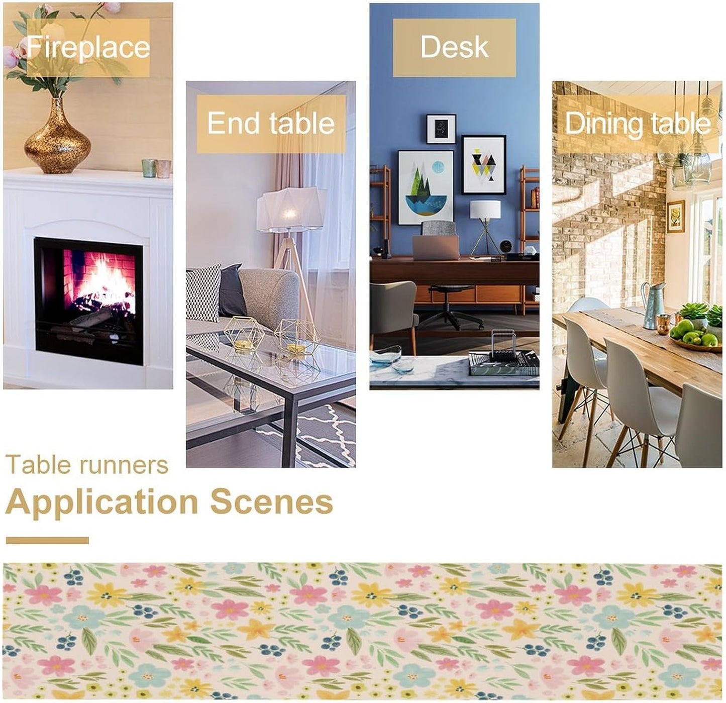 Floral Table Runner, Boho Style Watercolor Flower Green Leaf Plant Rectangle Table Decoration for Dining, Party, Holiday,13in（33cm） W * 120in（305cm） L