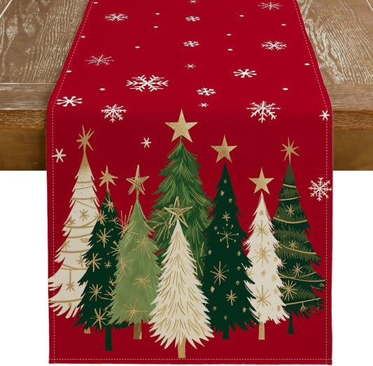 GEEORY Christmas Table Runner 13x108 Inch, Xmas Trees Snowflakes Holiday Decorative Farmhouse Table Decoration for Kitchen Dinning, Indoor Outdoor Dinner Party Decor (Red) GT150-108