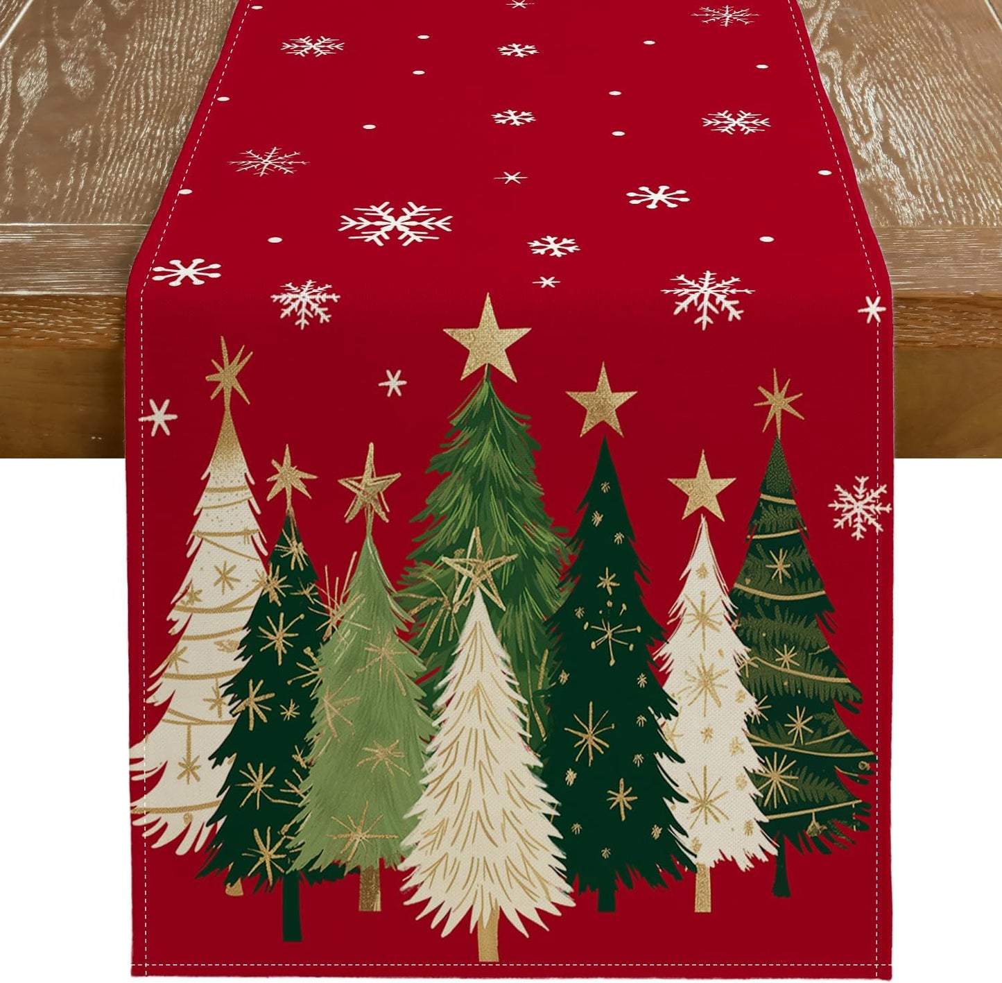 GEEORY Christmas Table Runner 13x90 Inch, Xmas Trees Snowflakes Holiday Decorative Farmhouse Table Decoration for Kitchen Dinning, Indoor Outdoor Dinner Party Decor (Red) GT150-90