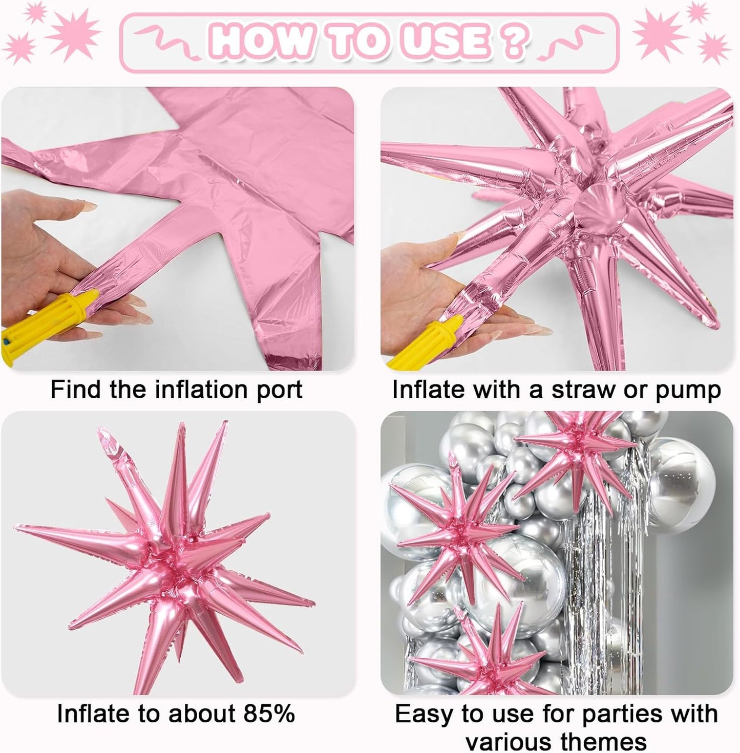 Pink Black Star Balloons,9Pcs 22Inch Black and Pink Explosion Spike Cone Helium Polyester Film Star Foil Balloons for Birthday Anniversary Baby Shower Disco Party Decorations