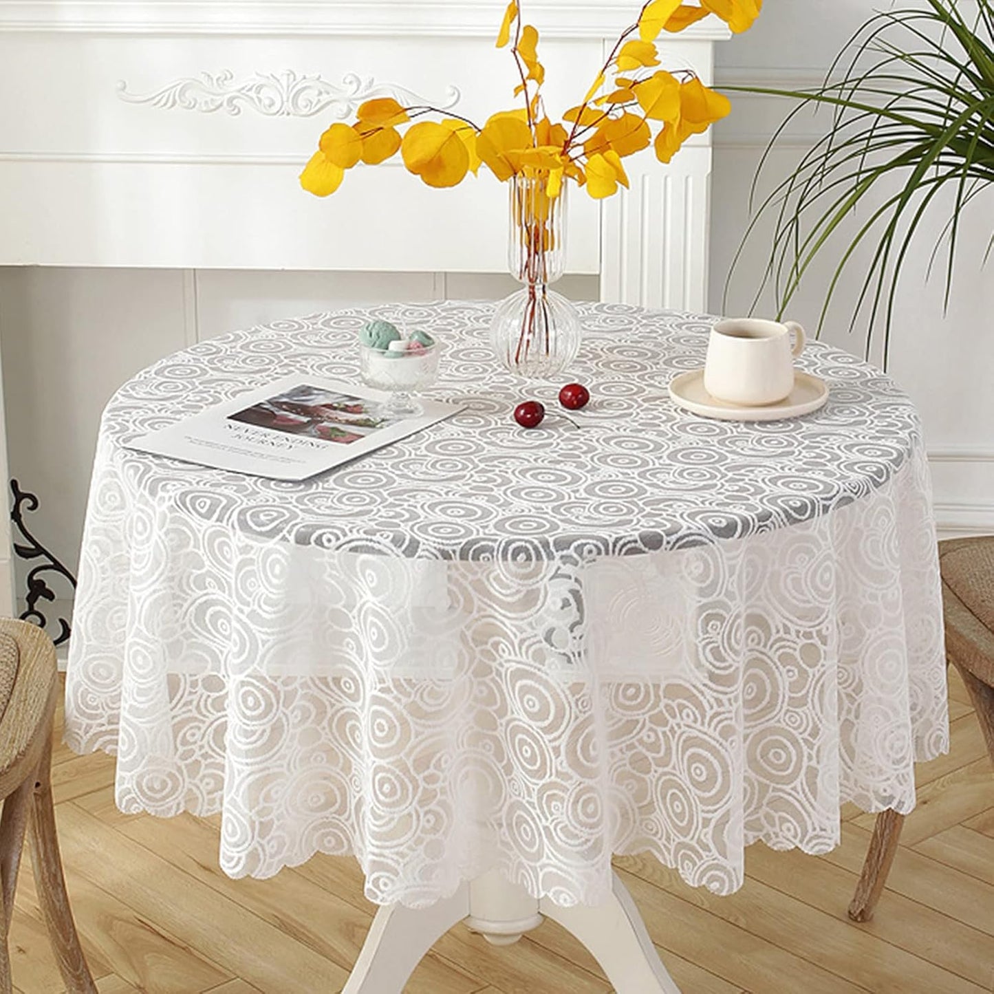 Jeloris Round Lace Tablecloth with Elegant Scalloped Bottom for Any Special Event Such as Wedding, Birthday Party, Baby Shower, Anniversary (70 inch, Style 5)