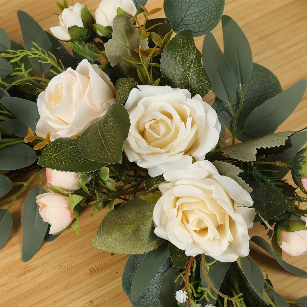 H&W 2pcs Artificial Wedding Arch Flowers for Sign, Floral Swag Dusty Decor for Reception Ceremony Backdrop Sweetheart Table(White Rose)