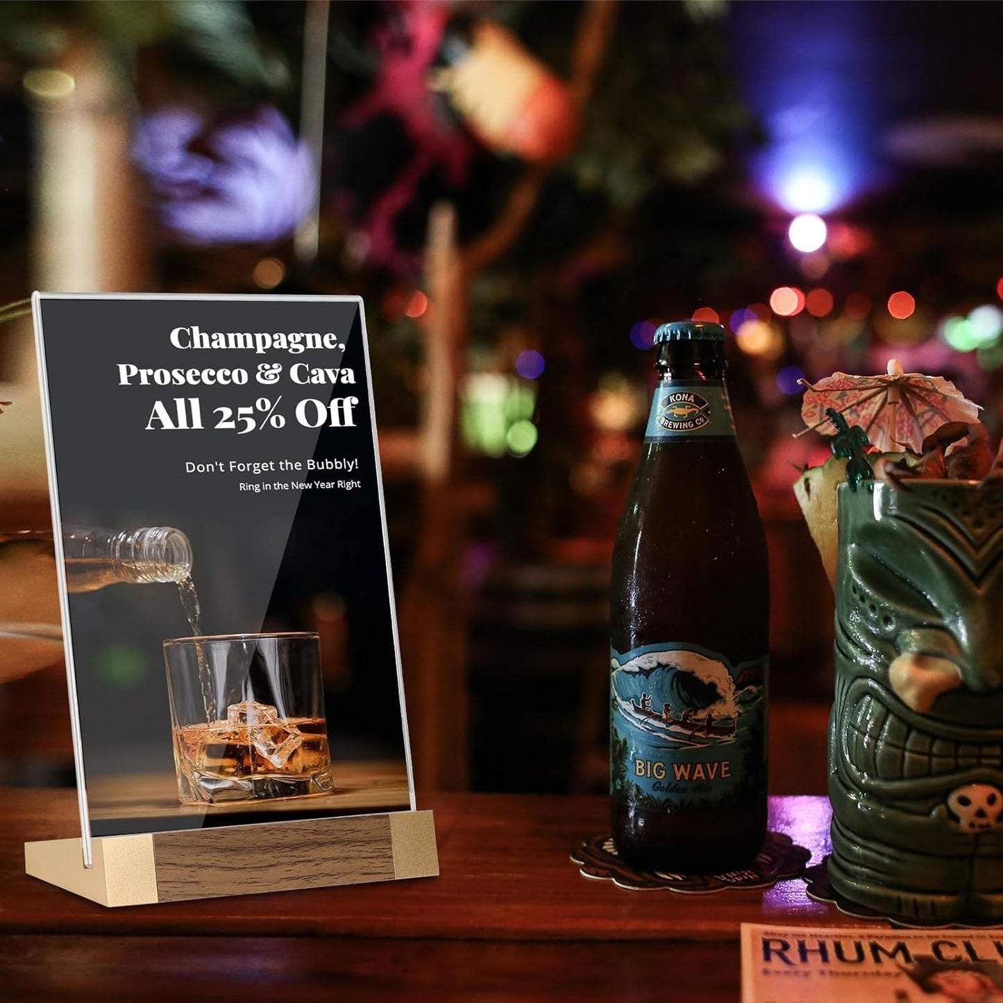 Acrylic Sign Holder 5"x7" Tabletop Display Clear Sign Board with Wood-Color Base, Vertical for Store/Coffee Shop/Restaurant Menu Hotel/Office Display Holder, 2 Pack