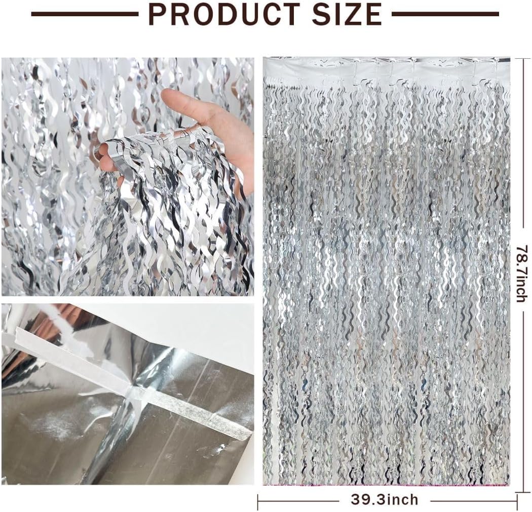 Foil Curtain Backdrop Silver Photo Backdrop Metallic Tinsel Foil Fringe Curtains Photo Booth Props for Birthday Decorations Bachelorette Party Decorations Baby Shower Decorations