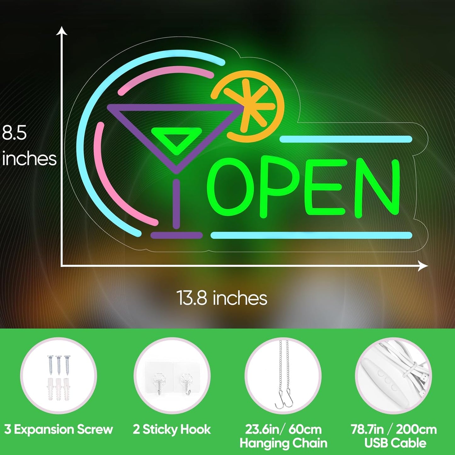 Open Neon Signs for Business, USB Dimmable Cocktails Neon Light for Beer Bar Pub Coffee Home Man Cave Stores Hotel Party Window Wall Decor