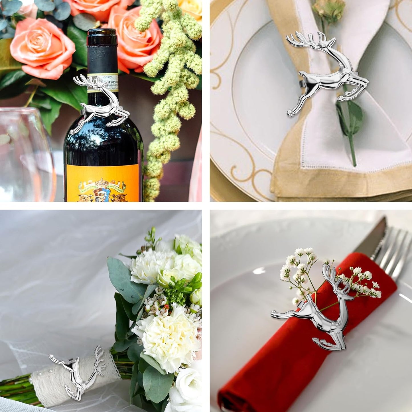 ZeeDix Silver Reindeer Christmas Napkin Rings Set of 24, Napkin Holder Ring for Christmas Dinner Table Decor Cloth Napkins, Wedding Receptions, Holiday Party, Banquet and Home Kitchen