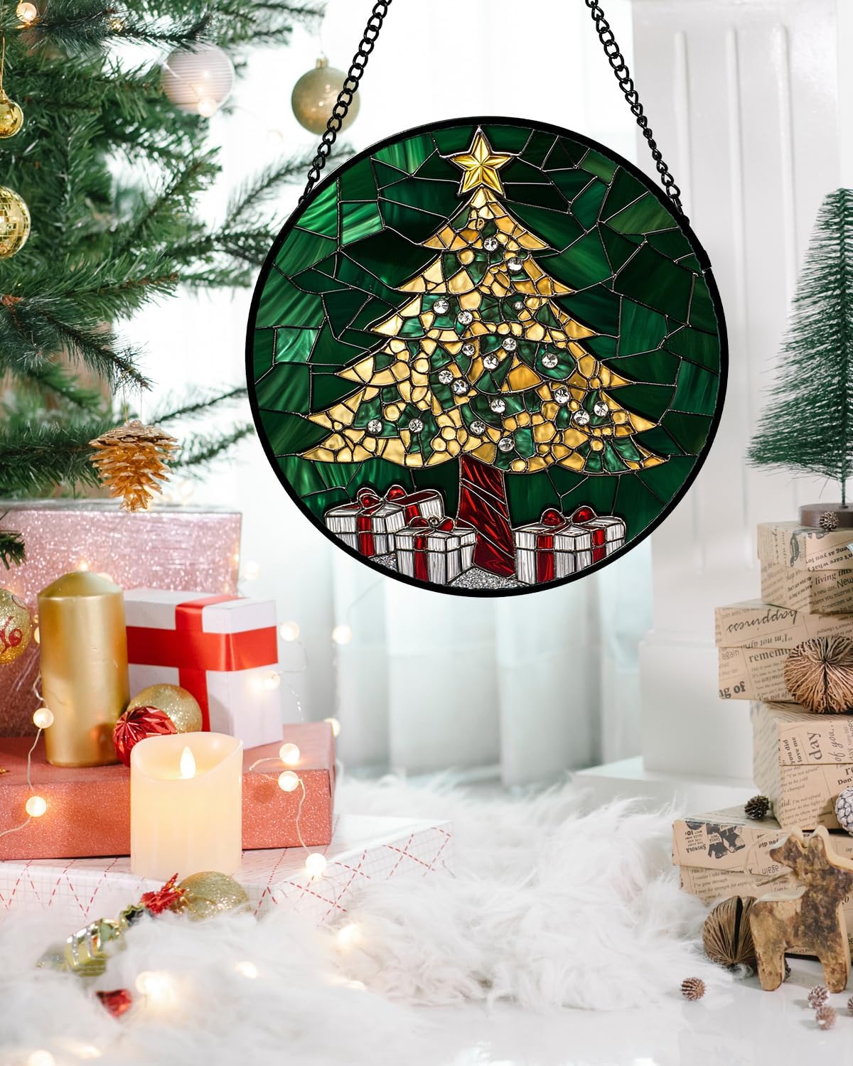 Stained Glass Window Hanging - Golden Christmas Tree Suncatcher for Doors Home Christmas Decoration Winter Sun Catcher Thanksgiving New Year Birthday Gifts for Women Men Mom Nana Girl 9.8 in