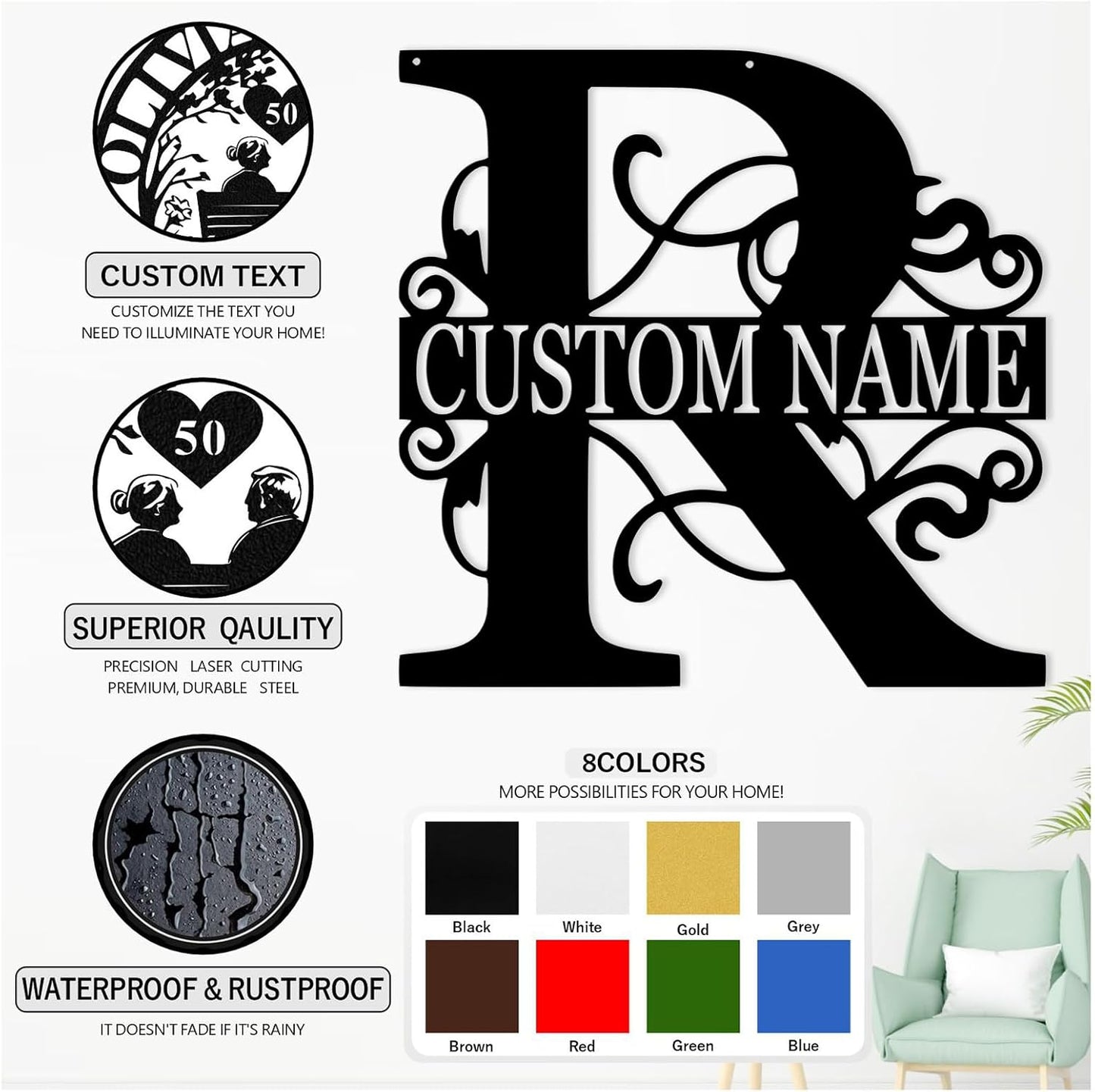 Custom Metal Name Sign, Personalized Family Last Name Signs for Home, Split Letter Monogram Wall Art Decor, Customized Metal Signs for Outdoor, Personalized Wedding Housewarming Gift