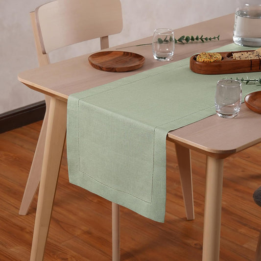 Hemstitch Linen Table Runner 36 inches – 100% Pure Linen Sage Green Table Runner 14 x 36 Inch Ideal for Dresser and Coffee Tables – Spring, Summer, Wedding Decorations, Gift – Elara