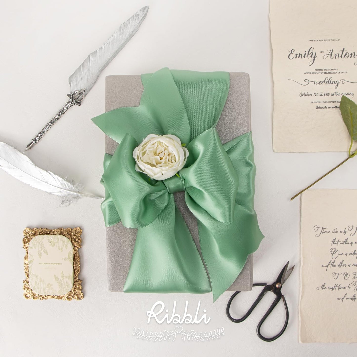 Ribbli Sage Green Satin Ribbon 4 Inch Wide Sage Ribbon for Wedding Chair Sash Grand Opening Ceremony Big Bows Gift Wrapping Floral Crafts Cake Decor-Double Faced Satin Continuous 10 Yards