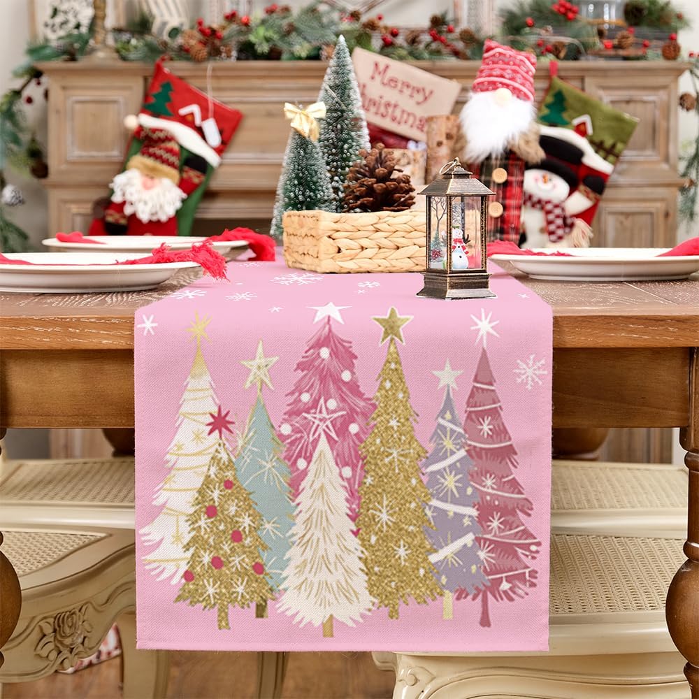 GEEORY Christmas Table Runner 13x60 Inch, Xmas Trees Snowflakes Holiday Decorative Farmhouse Table Decoration for Kitchen Dinning, Indoor Outdoor Dinner Party Decor (Pink) GT153-60