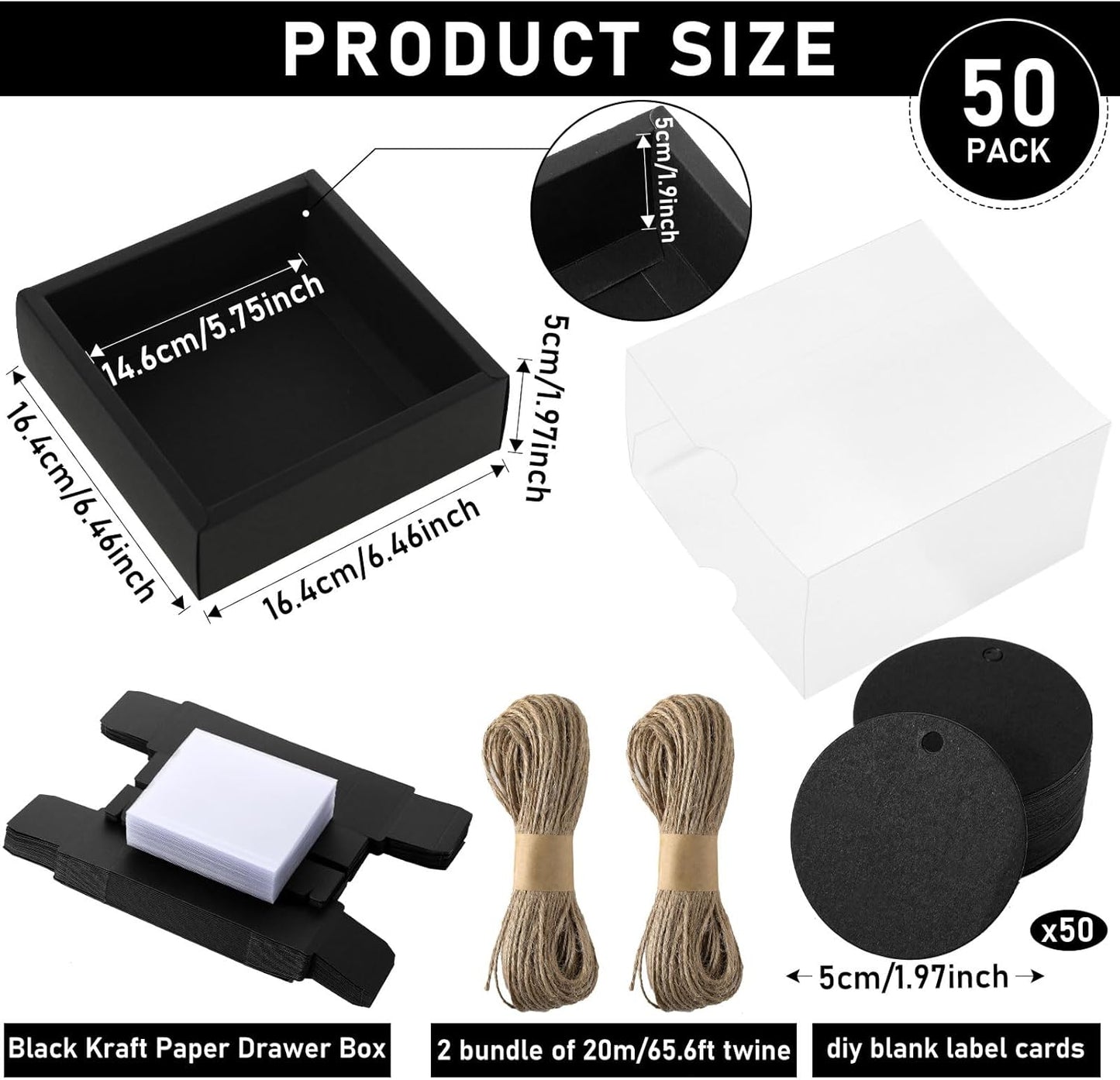 Roowest 50 Sets Kraft Soap Boxes Rectangle Packaging Box with Window Homemade Gift Box with Blank Tags and Jute String for Jewelry Candy Wrapping Party Favor(6.5 x 6.5 x 2 Inch,Black)