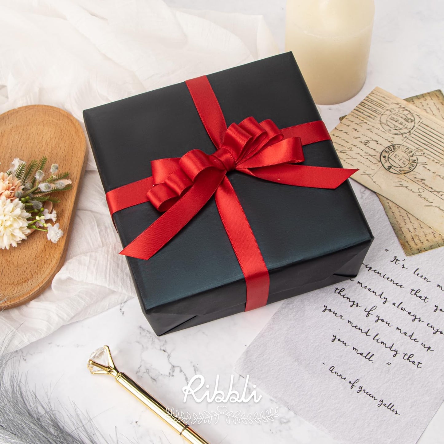 Ribbli Red Satin Ribbon 5/8 inch x Continuous 25 Yards,Double Faced Satin Use for Craft, Gift Wrapping, Christmas Ornaments, Hair Bows, Bouquet Bows