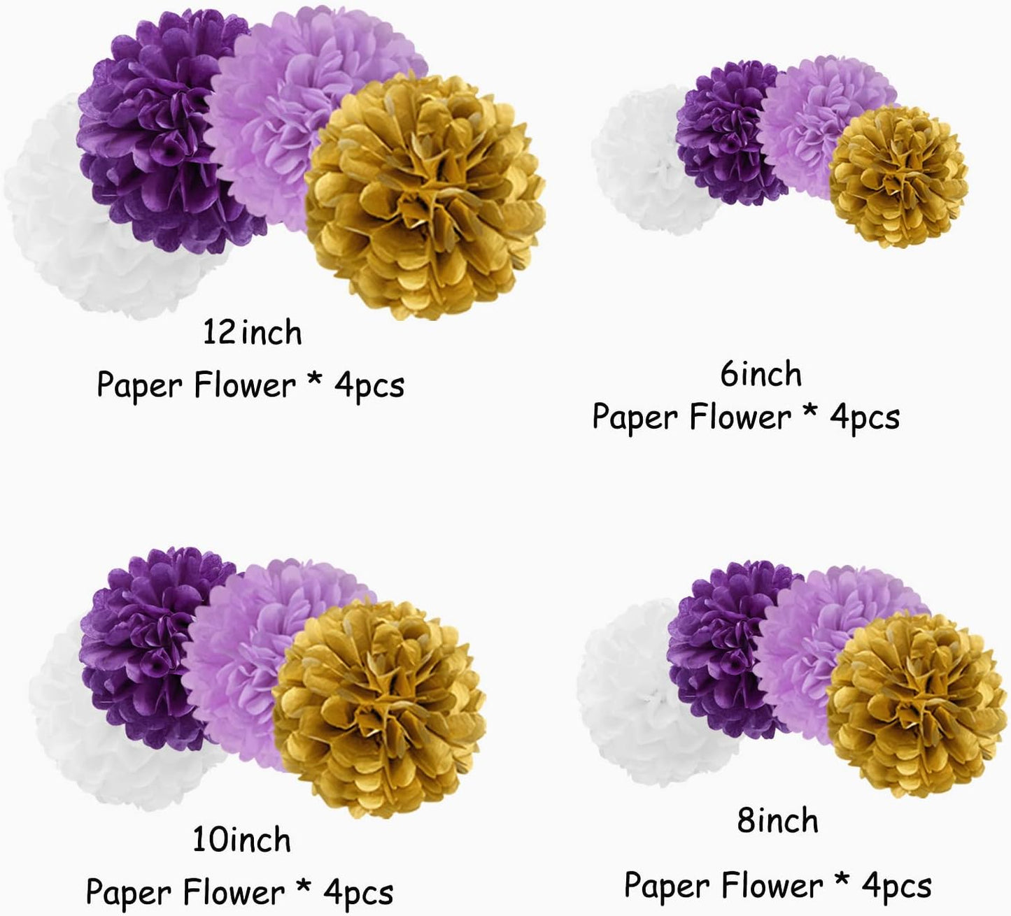 Purple White-Gold Lavender Tissue Pom-Poms - 16pcs Purple Birthday Party Decorations Paper Flowers Garland Wedding Baby Bridal Shower Mothers Graduation Festival Decor Panduola