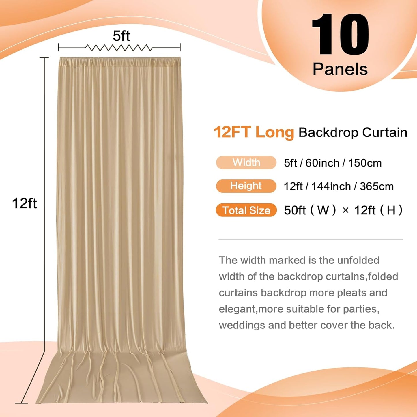 50×12 ft Wrinkle Free Beige Backdrop Curtain for Weddings Parties, 10 Panels 12ft Silky Polyester Wedding Drapes Backdrop Photo Back Drop Cloth for Birthday Baby Shower Photography Backgrounds