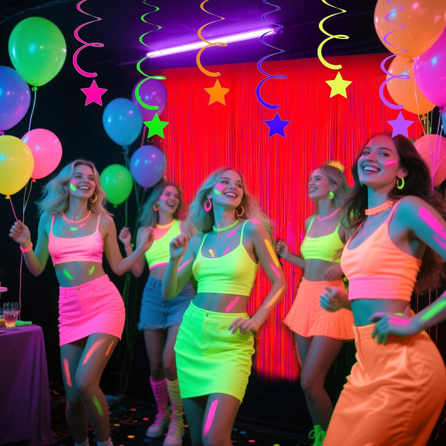 4 Packs Glow in The Dark Foil Fringe Curtain, Macaron Orange Blacklight Reactive Fluorescent Tinsel Backdrop Neon Luminous Streamers for Birthday, Wedding, Neon Party, Glow Party Decorations Supplies