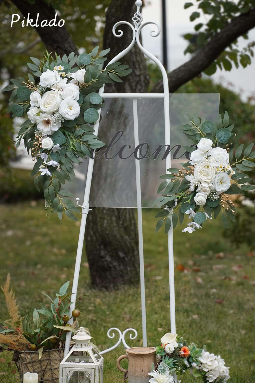 Faux Arch Flower Swag Set of 2 for Wedding Welcome Signs Floral Swag Wedding Reception Ceremony Signs Decor (White)