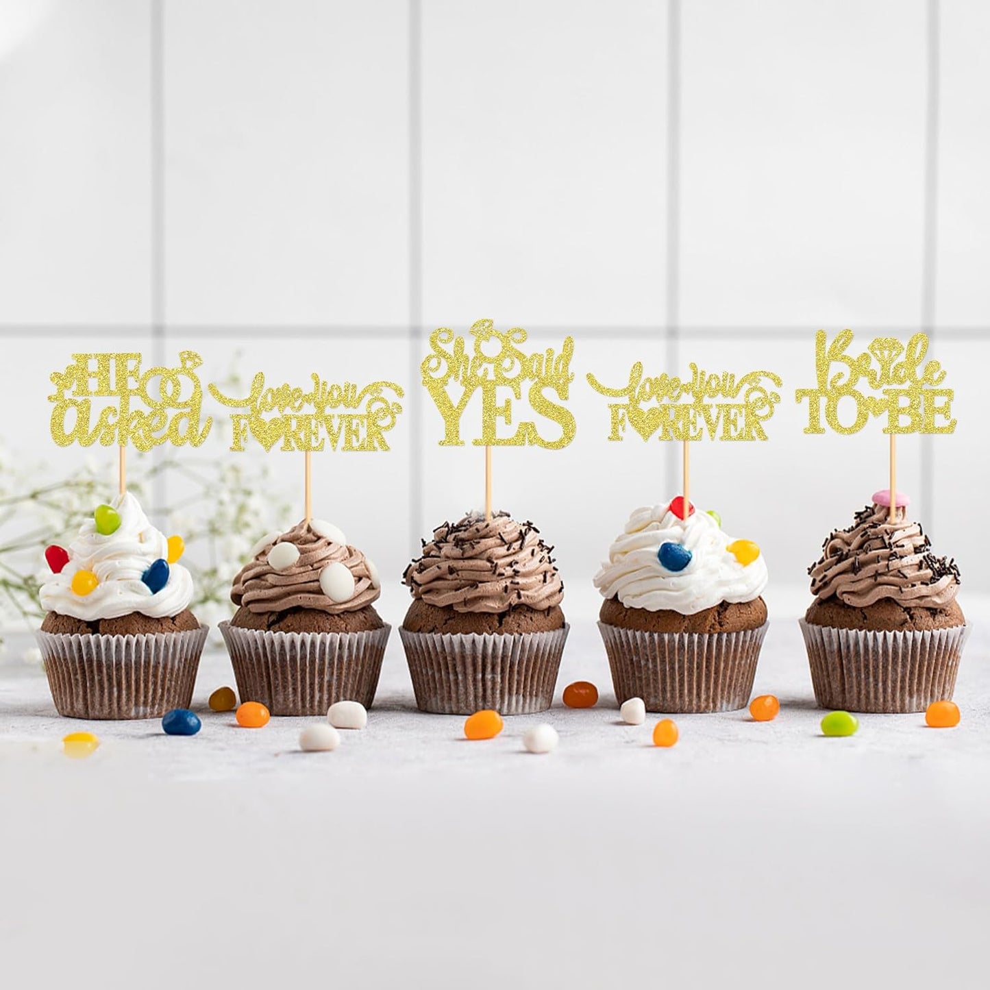 24 Pcs He Asked She Said Yes Cupcake Toppers Cake Picks for Wedding Engagement Party Cake Picks for Wedding Bridal Shower Party Cake Decorations golden