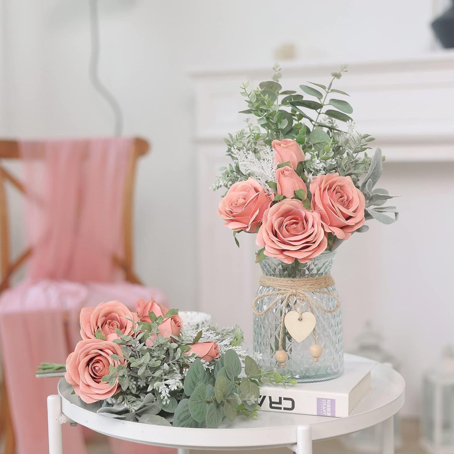Faux Flowers with Vase,Artificial Silk Roses in Vase, Fake Plant Eucalyptus Flower Arrangement for Home Office Farmhouse Bathroom Dining Table Centerpiece Decorations Coffee Table Decor (Dusty Pink)