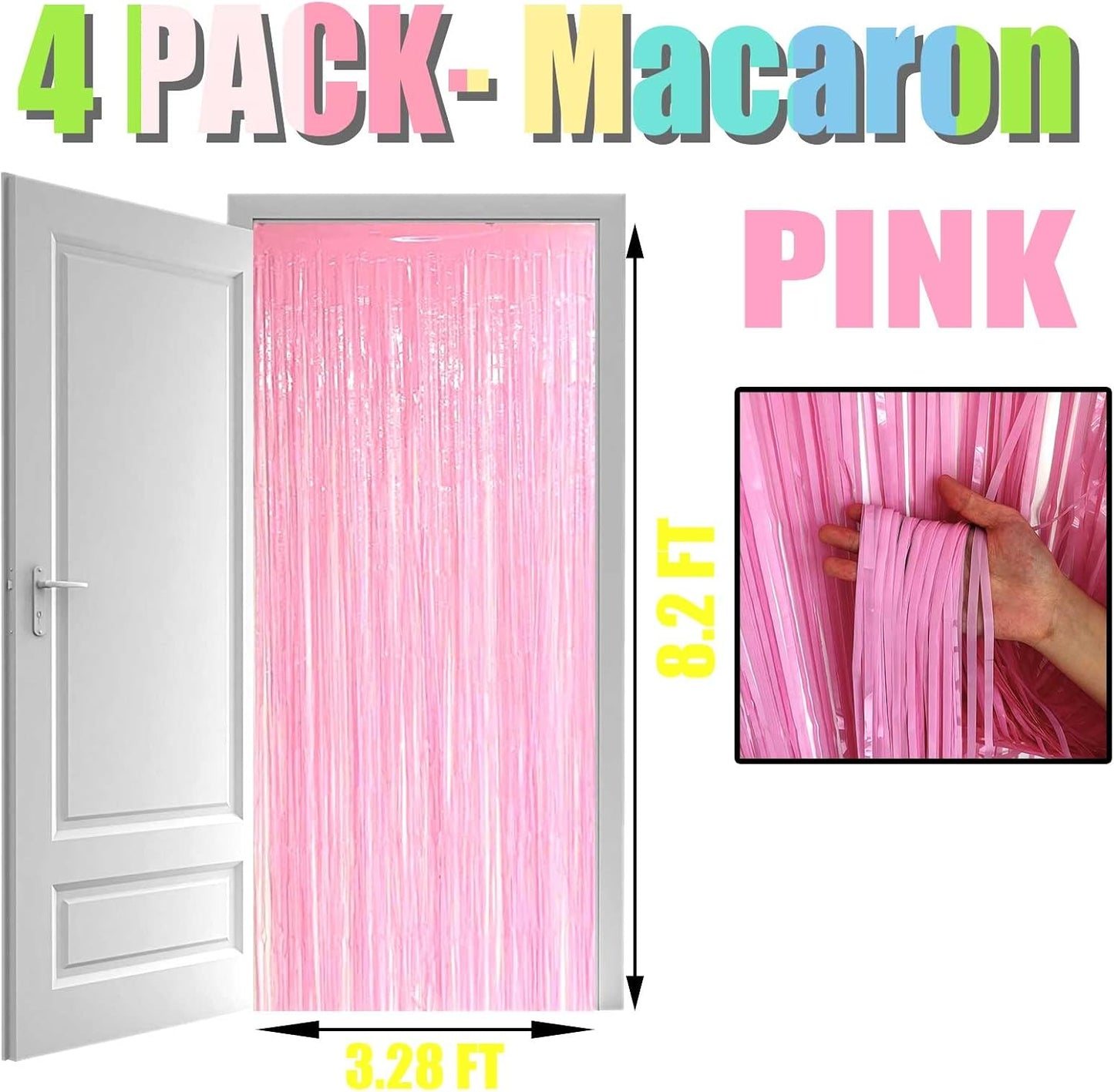4 Pack Macaron Pink Tinsel Foil Fringe Curtain Backdrop, 3.28Ft x 8.2Ft Metallic Streamers for Photo Booth Props Wedding Bridal Shower Bachelorette Birthday Halloween Christmas Party Decoration