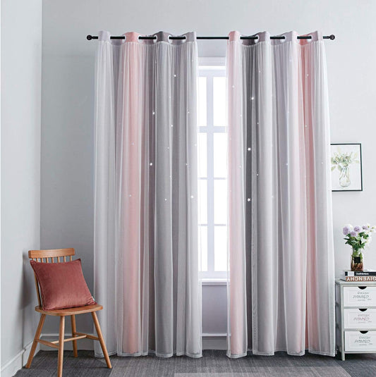 FANLI Ombre Rainbow Blackout Curtains for Kid Girls Bedroom Living Room Darking Stripe Double Layer Star Cut Out Wall Home Decor Gradient Grommet Window Curtains (Pink/Grey, 52W x 72L)