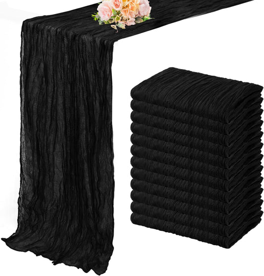 10FT 12 Pack Black Cheesecloth Table Runner 20 x 120 Inch Long Boho Fabric Rustic Cheese Cloth Table Runner for Wedding Bridal Shower Baby Shower Gauze Sheer Birthday Party Table Decorations