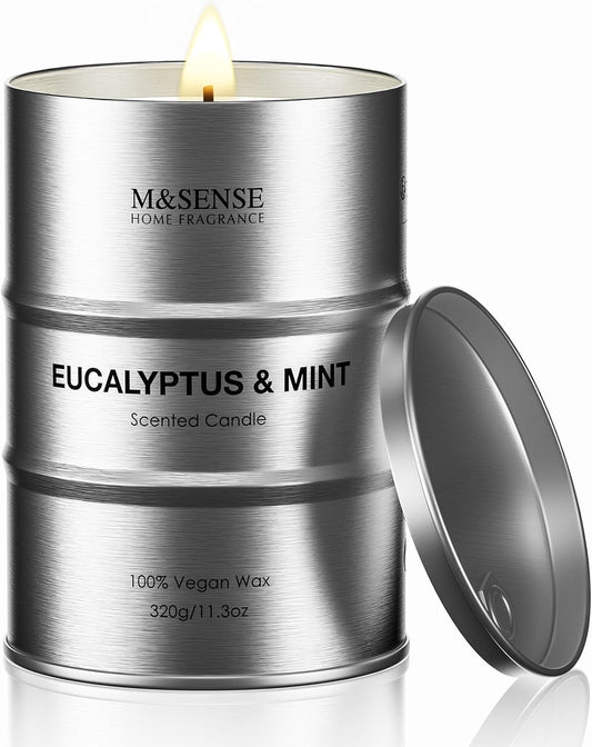 M&SENSE Scented Candle, Eucalyptus Mint Medium Jar Candle for Men, 70 Hours Slow Burning Natural Soy Candles 11.3oz, Stress Relief Aromatherapy Candles Home Decor, Valentines Day Gifts for Him