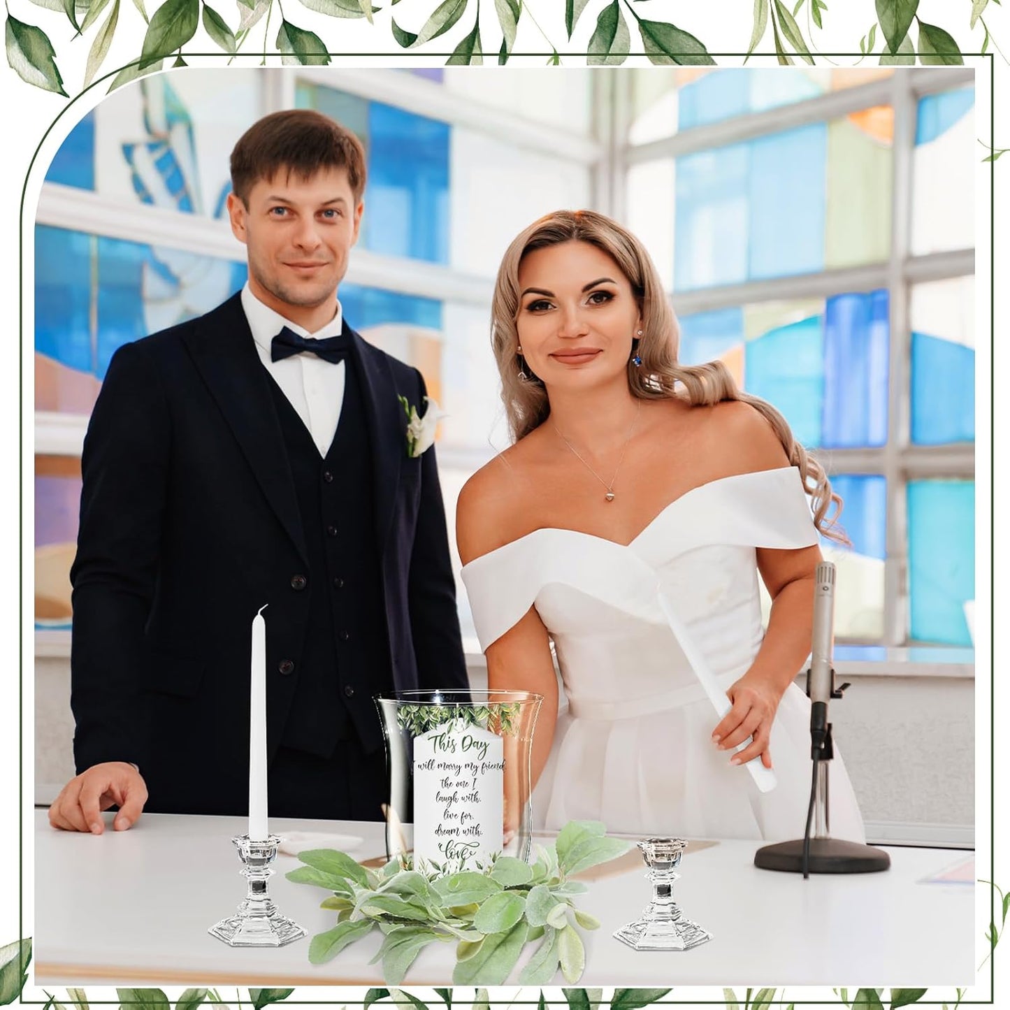 Irenare Unity Candles with Holder for Wedding Ceremony Wedding Decortions Accessories Glass Candle Holder Pillar Candle for Formal Events Church(Green Leaf)